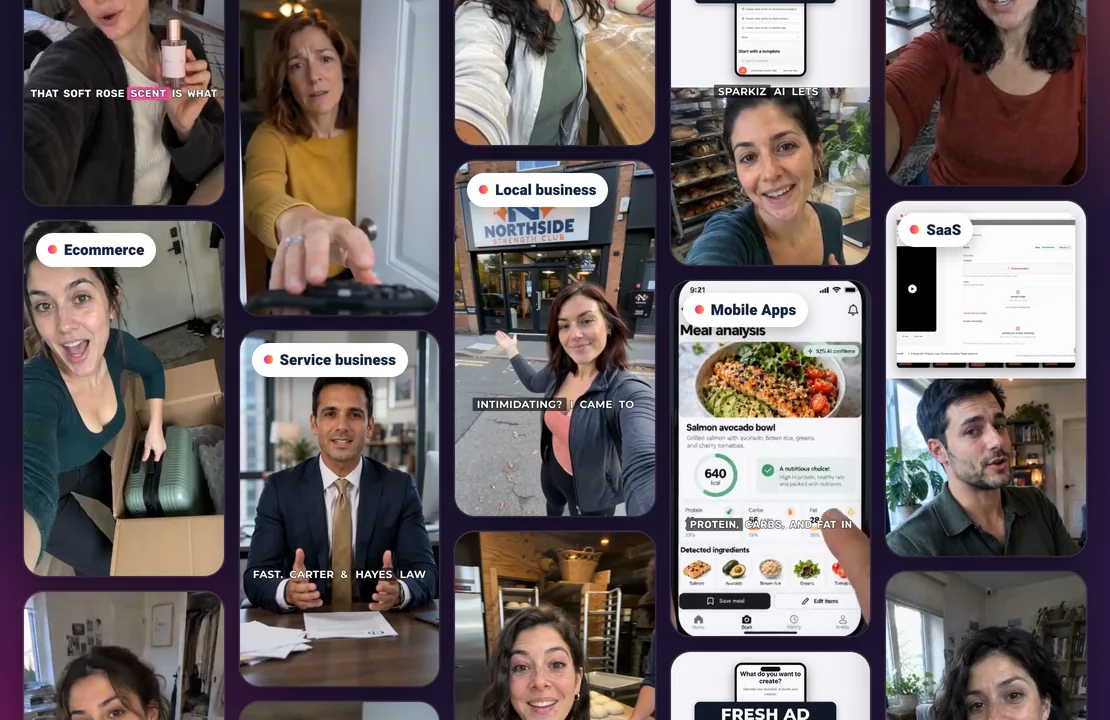 A wall of real video ads made with Sparkiz, labelled by business type: Ecommerce, Service business, Local business, Mobile Apps and SaaS