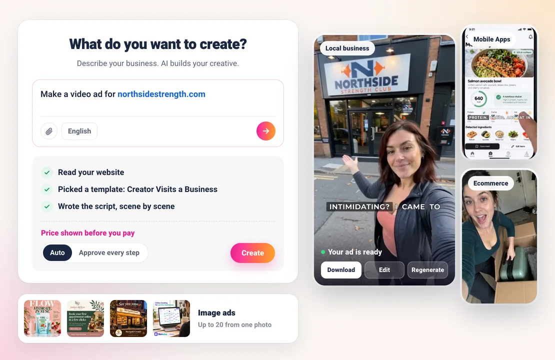 Sparkiz AI ad generator: a pasted website link, the agent reads the site, picks the Creator Visits a Business template and writes the script, then a finished gym ad with Download, Edit and Regenerate, plus image ads
