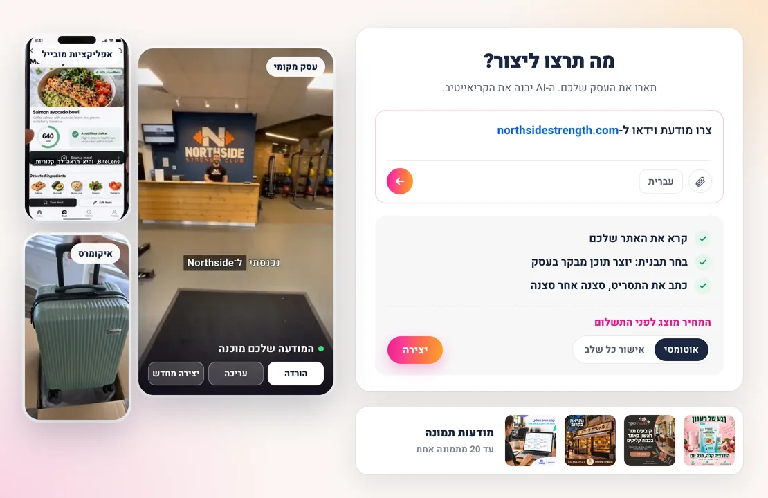מחולל המודעות של Sparkiz: קישור לאתר, הסוכן קורא את האתר, בוחר את התבנית יוצר תוכן מבקר בעסק וכותב תסריט, ואז מודעה מוכנה לחדר כושר עם הורדה, עריכה ויצירה מחדש, וגם מודעות תמונה