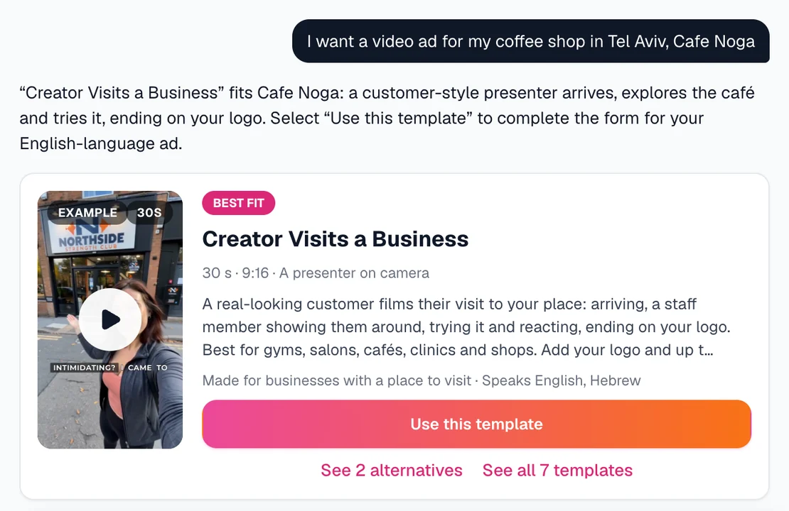 Sparkiz AI agent chat recommending a template for a coffee shop ad