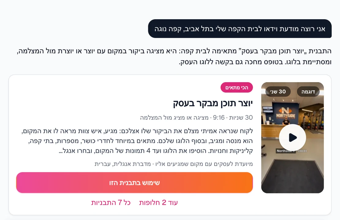 צ'אט הסוכן של Sparkiz ממליץ על תבנית למודעה לבית קפה