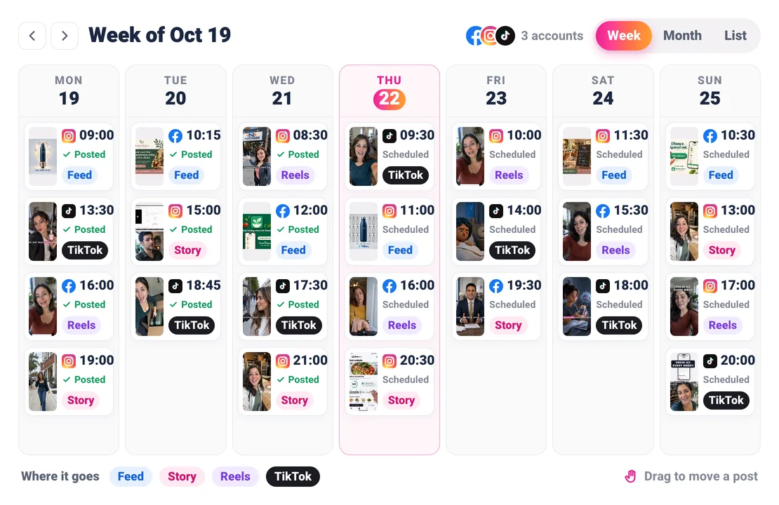 Sparkiz posting calendar in week view with several posts a day to Facebook, Instagram and TikTok, each marked Feed, Story, Reels or TikTok