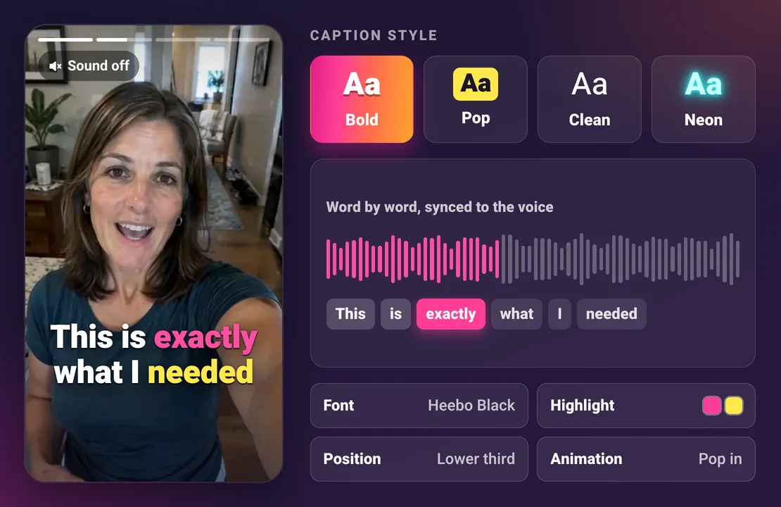 Sparkiz caption styles Bold, Pop, Clean and Neon on a 9:16 ad, with word by word captions synced to the voice