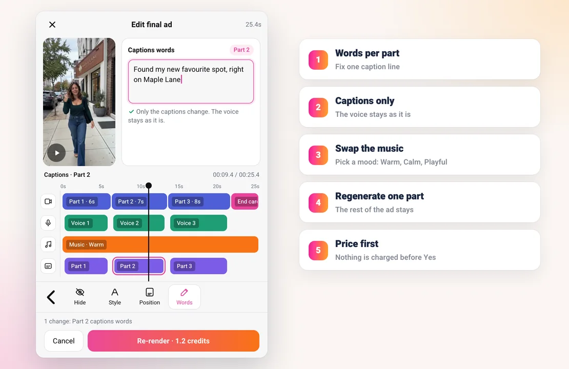 Sparkiz light video editor on a finished ad: preview, timeline rows for video parts, voice, music and captions, the Captions words box for Part 2, and a Re-render button with the price
