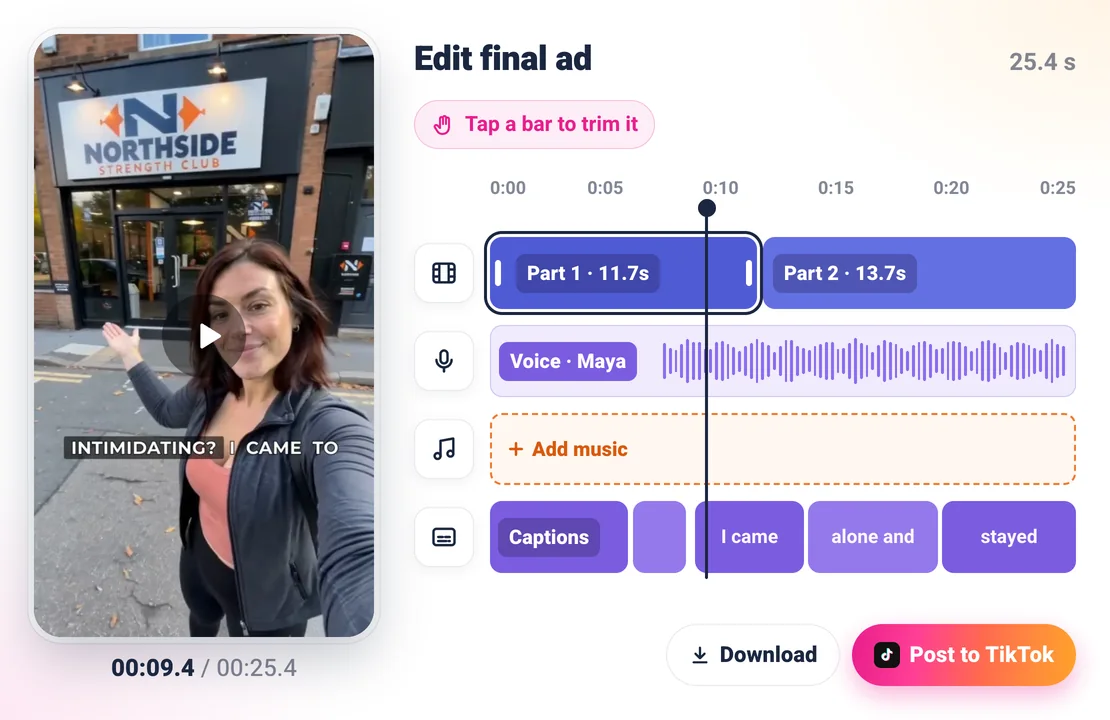Sparkiz edit screen for a finished ad: phone preview and a timeline with scenes, voice, music and captions lanes, tap a bar to trim