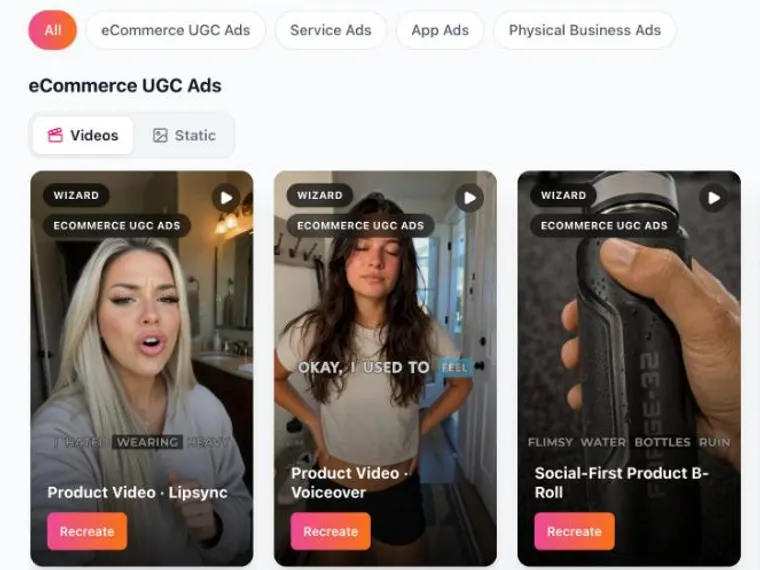 Sparkiz template library showing eCommerce UGC video templates