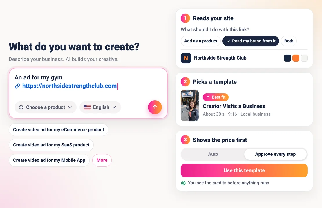 Sparkiz AI agent: the What do you want to create? composer with a pasted gym website link, then three steps: it reads the site, picks the Creator Visits a Business template as the best fit, and shows the price with Auto or Approve every step