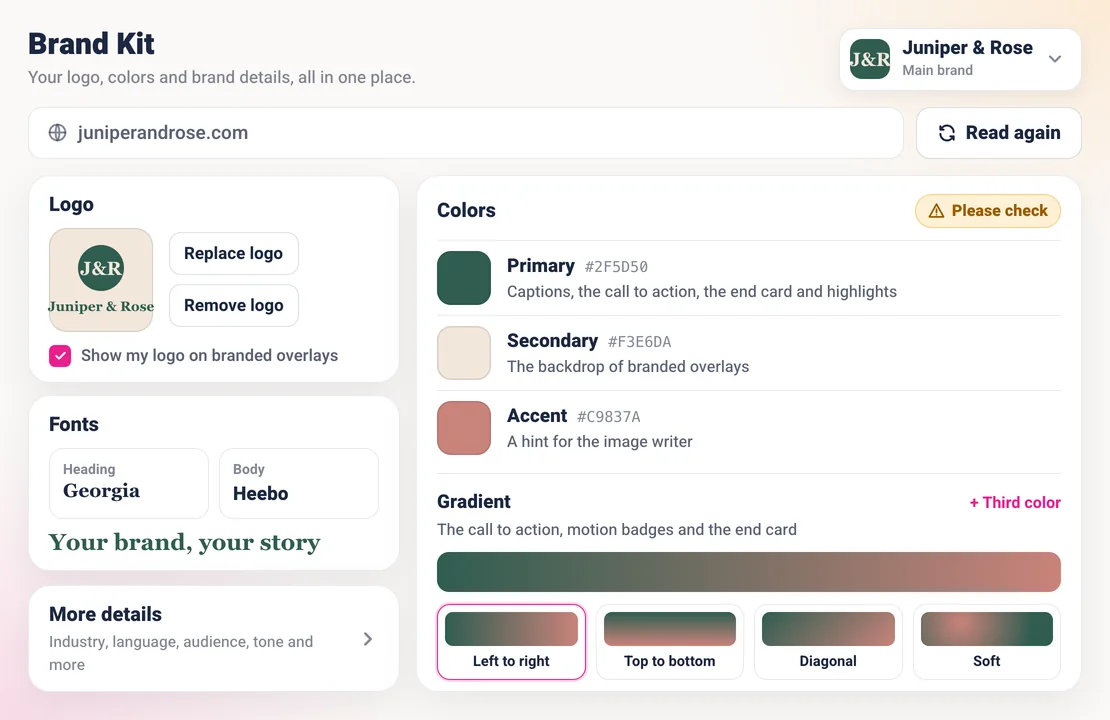 Sparkiz Brand Kit: brand space picker, logo, Primary, Secondary and Accent colors with what each one colors in the ad, gradient styles and fonts, with a Please check mark on the colors the AI read