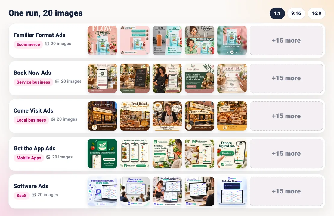 Sparkiz AI image ads: five packs, one per business type: Familiar Format Ads for Ecommerce, Book Now Ads for a Service business, Come Visit Ads for a Local business, Get the App Ads for Mobile Apps and Software Ads for SaaS, 20 images each in 1:1, 9:16 or 16:9