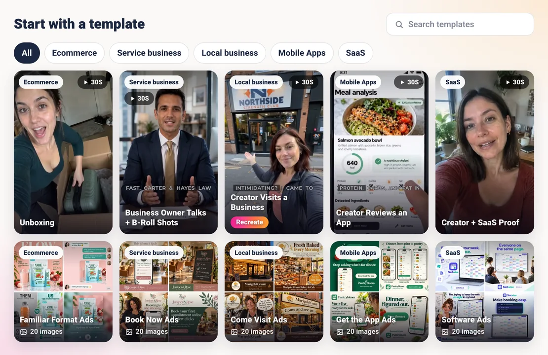 Sparkiz template library: video templates and image ad packs for Ecommerce, Service business, Local business, Mobile Apps and SaaS, with business type filters