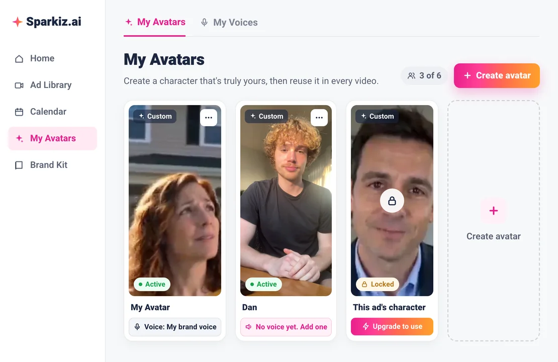 Sparkiz My Avatars screen: custom avatars marked Active, one with a voice, one waiting for a voice, a locked avatar and a 3 of 6 slot counter