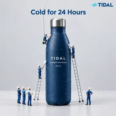 Big Idea Ads ad: tiny workers on a giant bottle