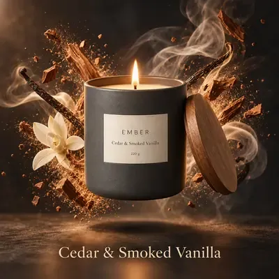 Studio Shots ad: candle in a burst of spice and smoke