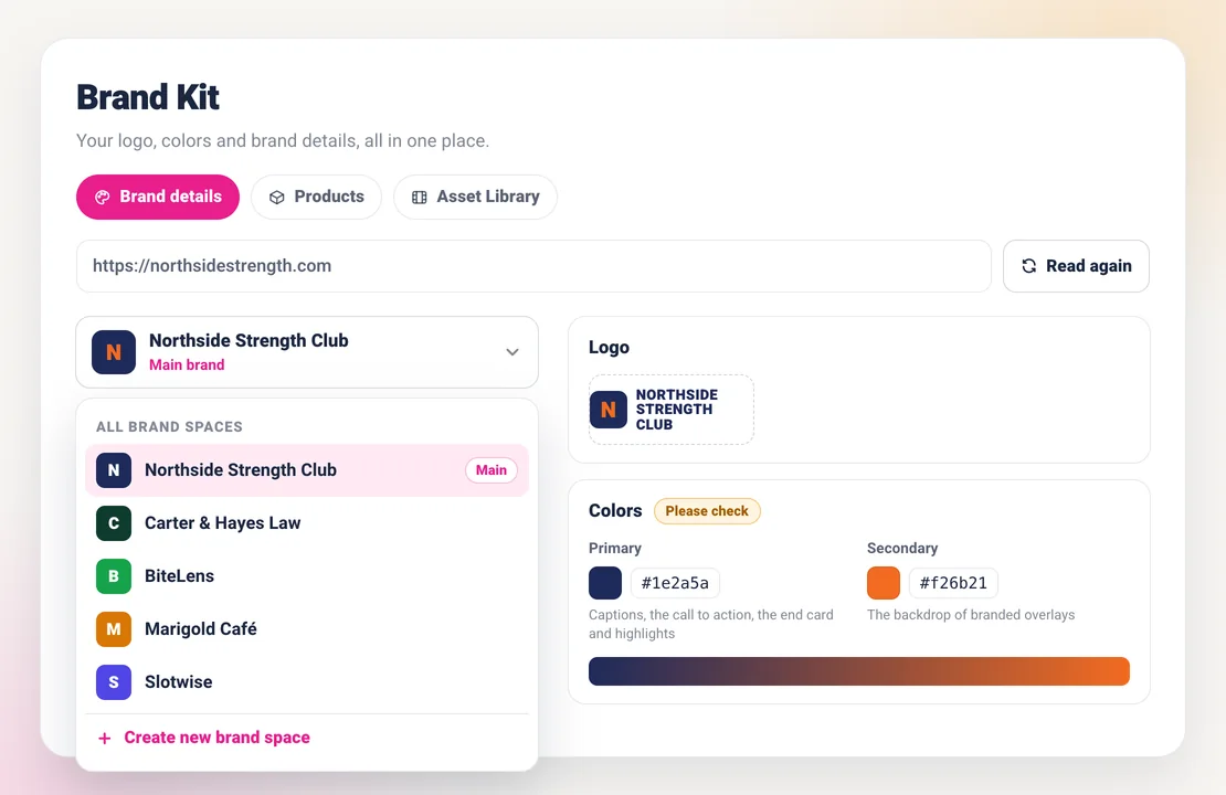 Sparkiz Brand Kit with the brand space list open: Northside Strength Club as the main brand, Carter & Hayes Law, BiteLens, Marigold Café and Slotwise, a Create new brand space button, and the logo and colours read from the website with a Please check mark