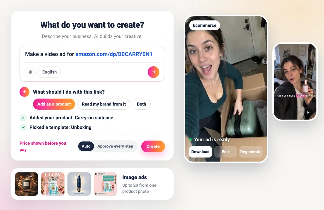 Sparkiz home screen with a pasted Amazon product link, the agent asking Add as a product, Read my brand from it or Both, the price shown before you pay, a finished unboxing ad with Download, Edit and Regenerate, and image ads