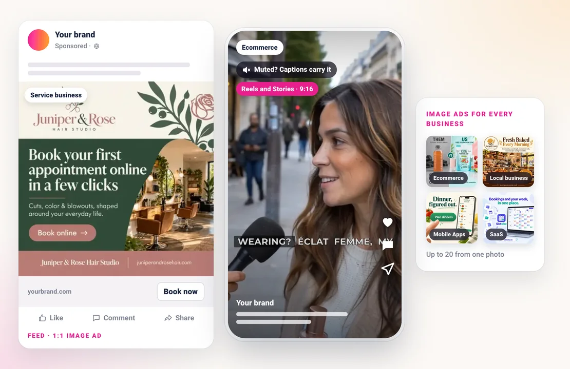 A Facebook feed post with a Sparkiz image ad for a service business, a 9:16 Sparkiz video ad for Reels and Stories with captions for muted viewing, and a grid of image ads for four kinds of business
