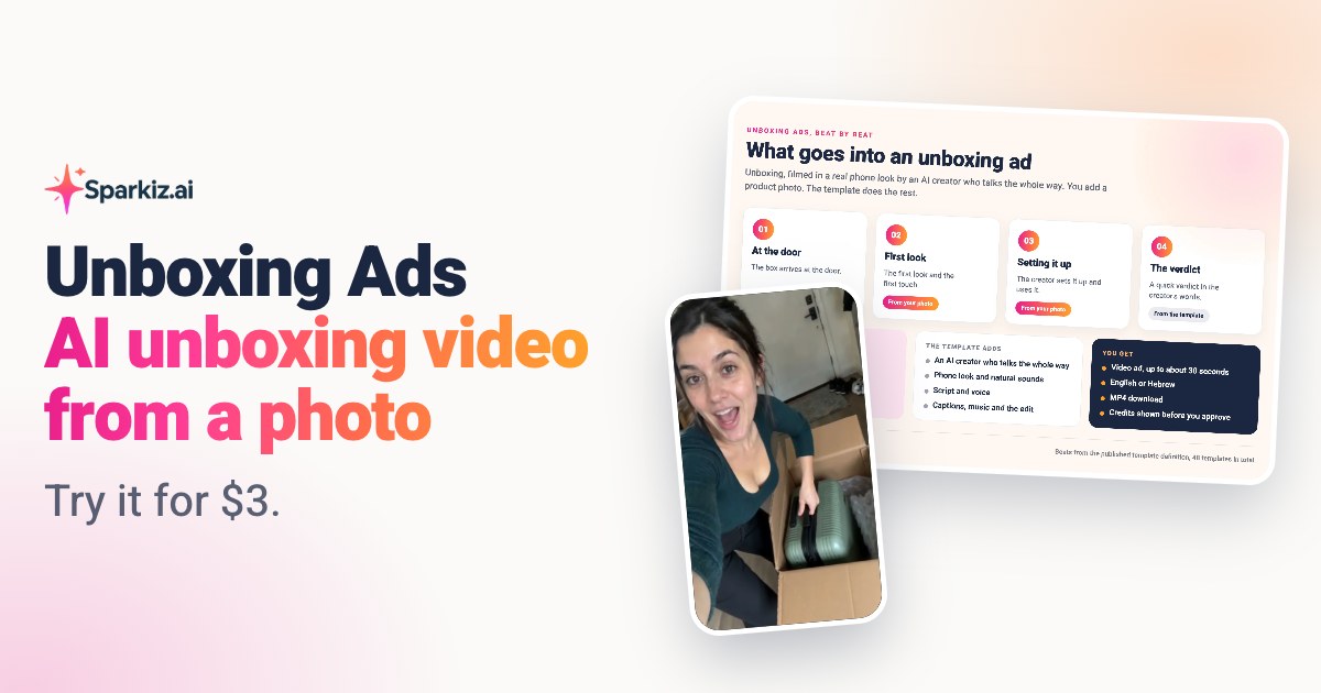 Unboxing video ad made from one product photo with an AI creator