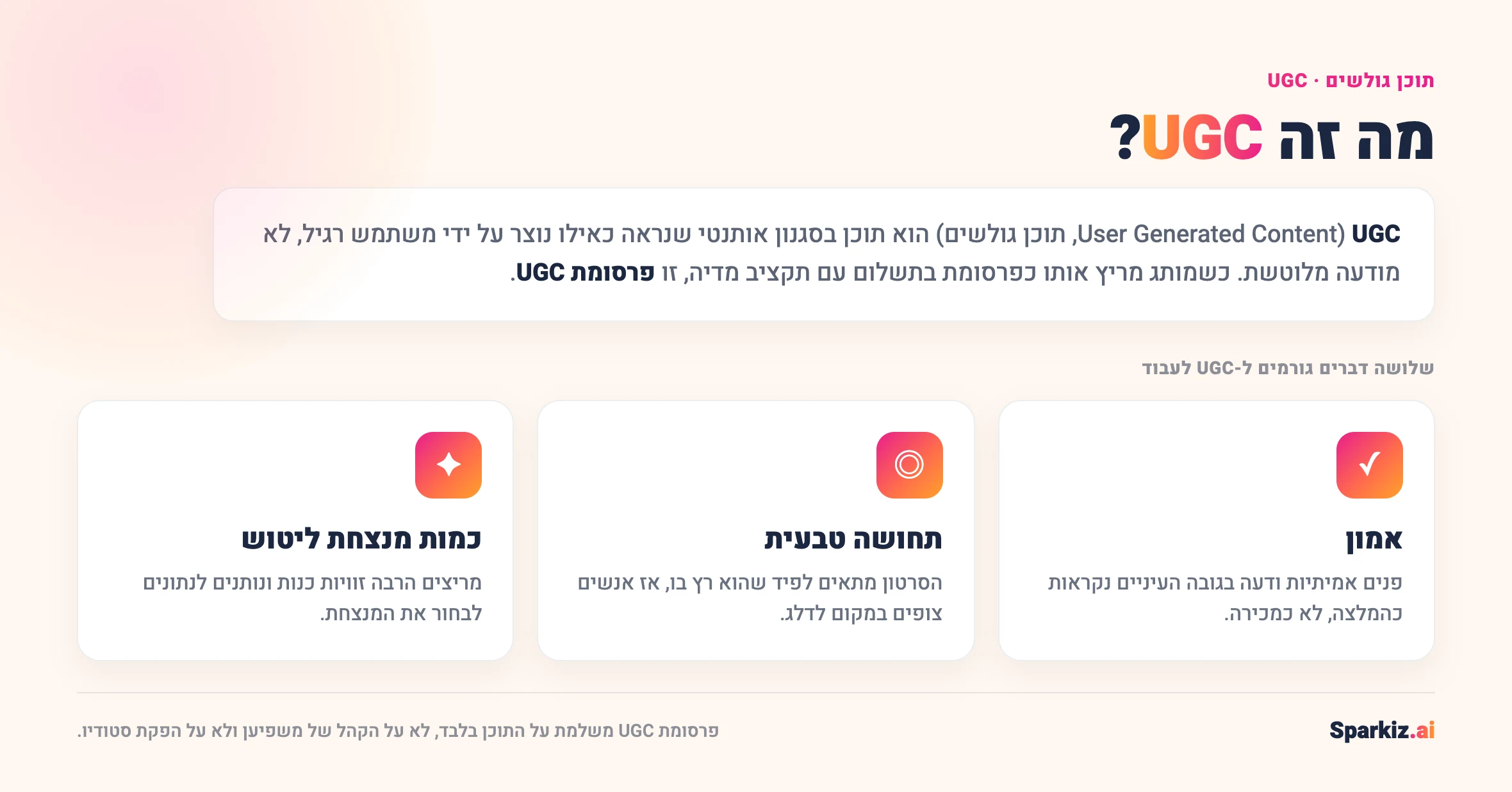 מה זה UGC (תוכן גולשים): תוכן בסגנון אותנטי שנראה כאילו נוצר על ידי משתמש רגיל ולא מודעה מלוטשת; שלושה דברים גורמים לו לעבוד: אמון, תחושה טבעית וכמות מנצחת ליטוש.